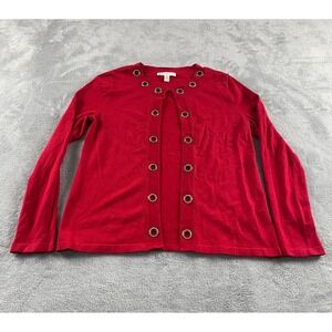 JM Collection Petite Red Rhinestone Grommet Open Front Cardigan‎ Sweater P/P